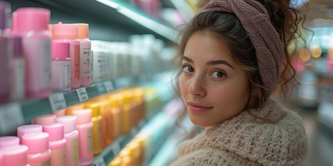 Smiling young woman shopping for groceries, happily choosing cosmetic products in the supermarket aisle.