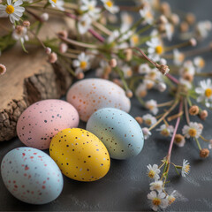 Happy Easter. Congratulatory easter background. Easter eggs and flowers. - 732670492