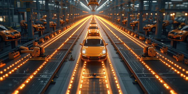 In a futuristic car factory, robotic arms efficiently assemble cars on a modern production line.