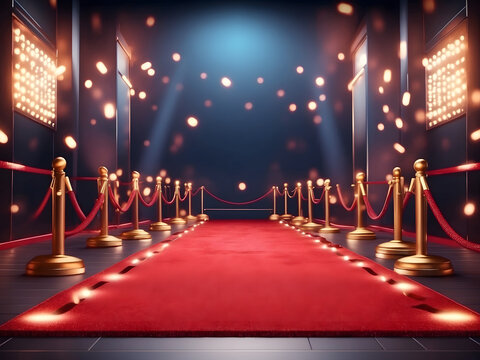 Red carpet and barriers design. Ai art. VIP event, luxury celebration. Celebrity party entrance. Grand opening. Shiny fencing. Cinema premiere design.