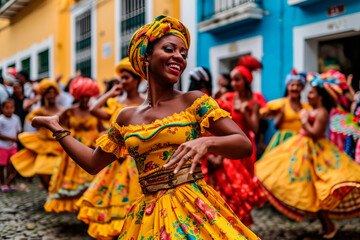 Fototapeta premium Vibrant Colors and Traditional Music: A Journey Through Brazilian Dance in S. Salvador