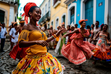 Naklejka premium Vibrant Colors and Traditional Music: A Journey Through Brazilian Dance in S. Salvador
