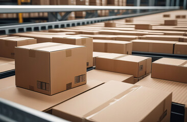 Cardboard boxes on conveyor belt in distribution warehouse. Paper products and goods storehouse with boxes