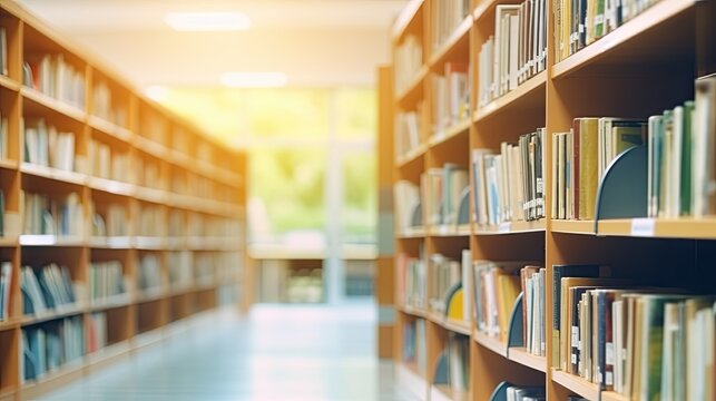 Blurred empty library interior space. Blurry classroom with bookshelves. background or backdrop in book shop business or education
