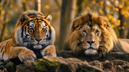 Fototapeta premium Tiger and lion wild cats together resting and relaxing, lazy and sleepy on the rock outdoors in the wilderness, looking at the camera in the zoo