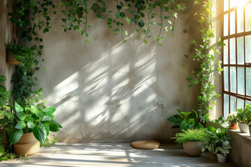 Serene Indoor Garden with Sunlight Filtering Through, Peaceful Green Corner for Relaxation