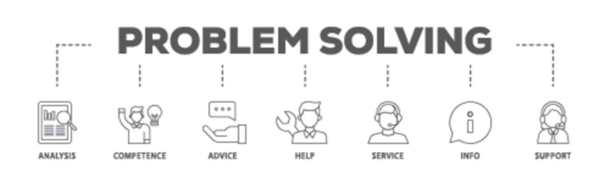 Problem solving banner web icon illustration concept with icon of analysis, critical thinking, creativity, emotional intelligence, research, team building  icon live stroke and easy to edit 