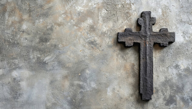 Solitary Stone Cross on Textured Concrete Wall, Symbol of Faith and Remembrance