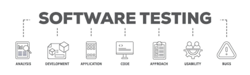 Software testing banner web icon illustration concept with icon of bugs, code, usability, approach, application, development, analysis icon live stroke and easy to edit  - obrazy, fototapety, plakaty