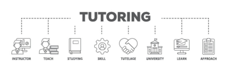Tutoring banner web icon illustration concept with icon of approach, learn, skill, university, tutelage, studying, teach, instructor icon live stroke and easy to edit 