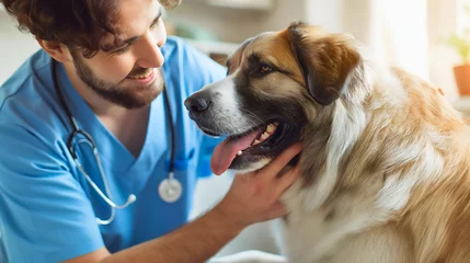 Foto op Canvas Handsome young man or guy in his 20s, smiling male veterinarian petting the happy Moscow Watchdog after the professional treatment in animal health clinic. Young specialist in blue uniform © Nemanja