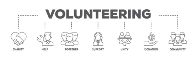 Volunteering banner web icon illustration concept with icon of charity, help, together, support, unity, donation, and community icon live stroke and easy to edit 