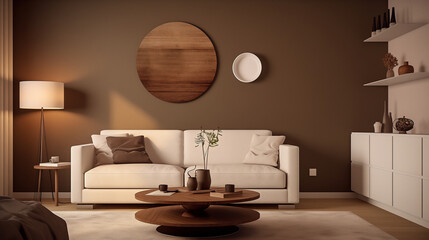 Contemporary Living Space with Chic White Sofa and Round Wooden Wall Accents