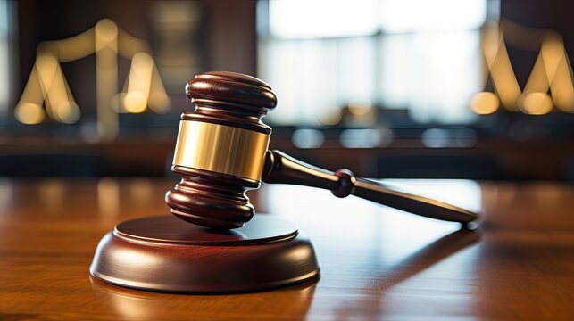 Law, Lawyer. Close-up of gavel on judge desk, symbolizing court trial, justice and legal decisions in courtroom