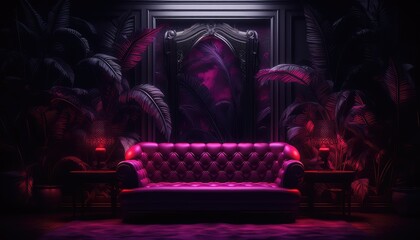 Luxury sofa in dark room with tropical plants. 3D Rendering
