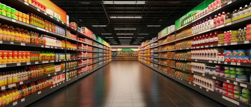 Abstract supermarket aisle with colorful shelves and unrecognizable customers as background