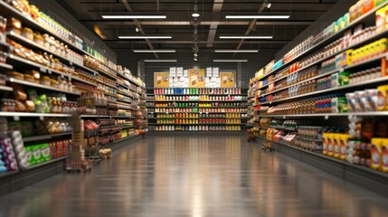 Abstract supermarket aisle with colorful shelves and unrecognizable customers as background