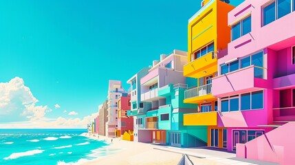 Behind the beach, buildings rise up in geometric shapes, featuring vibrant colors and simple designs reminiscent of beaty 8-bit architecture