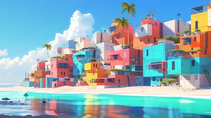 Behind the beach, buildings rise up in geometric shapes, featuring vibrant colors and simple designs reminiscent of 8-bit architecture