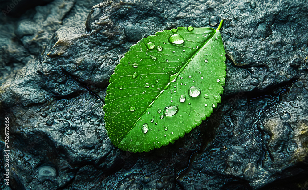 Wall mural one green leaf with water droplets lies on a wet stone after the rain