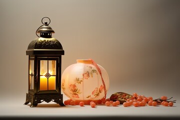 a traditional lantern and a vase on a table with berries