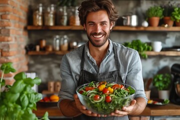 A smiling chef in an apron, presenting a fresh and healthy vegetable salad in a kitchen. - obrazy, fototapety, plakaty