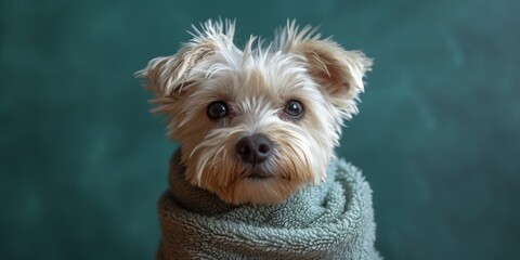 An adorable little white Terrier puppy wearing a scarf sits obediently, its furry face expressions pure friendship.