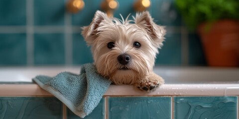 An adorable West Highland White Terrier sitting in a bath tube, a fluffy purebred delight.