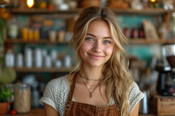 A carefree and pretty young woman, working as a barista, enjoying her summer in a cafe with a happy attitude.