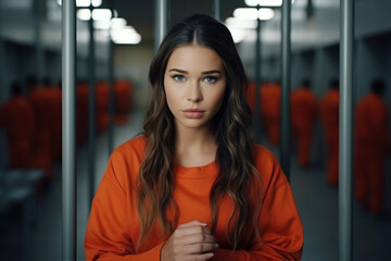 portrait of sad young woman in orange prison uniform looking at camera