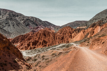 Camino de los colorados. Impressive landscape of reddish minerals, in Purmamarca, Jujuy, northern Argentina. Horizontal photo.