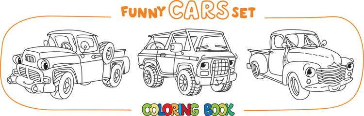Retro pickup trucks. Cars coloring book set - obrazy, fototapety, plakaty