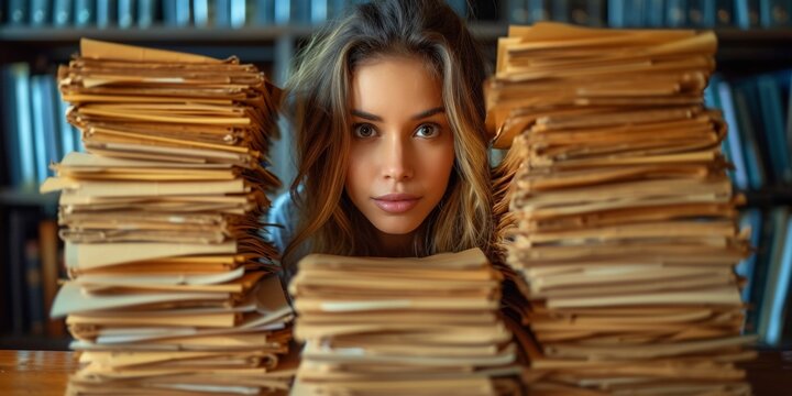 A pretty and curious librarian surrounded by paperwork, books, and folders in a busy library workplace.
