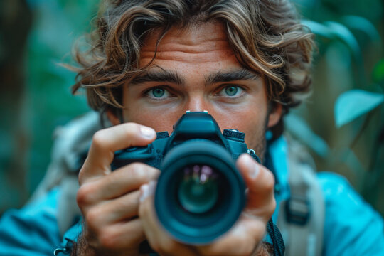 A curious young man, holding a camera, explores nature during a summer vacation.