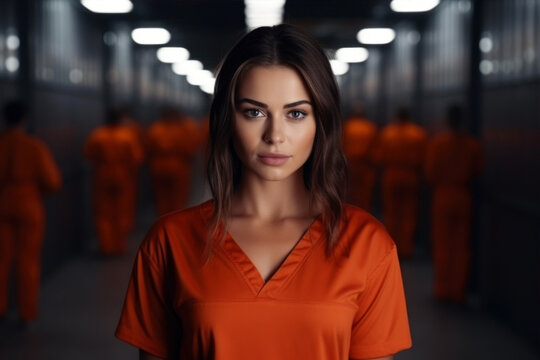 Portrait of a beautiful young woman in an orange uniform in an orange prison.