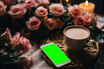 Naklejka na ściany i meble Smartphone with green screen, cup of coffee and pink roses.