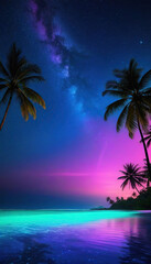 Tropical beach and night with neon stars