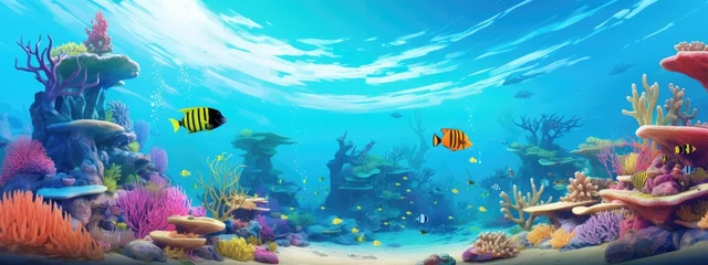 Keuken spatwand met foto Tropical sea underwater fishes on coral reef. snorkel, diving. Aquarium oceanarium colorful marine panorama landscape nature. background wallpaper  © Ilmi