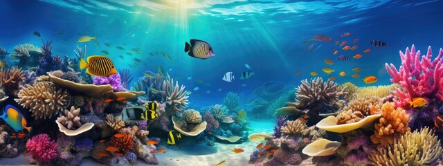 Fototapeta na wymiar Tropical sea underwater fishes on coral reef. snorkel, diving. Aquarium oceanarium colorful marine panorama landscape nature. background wallpaper 