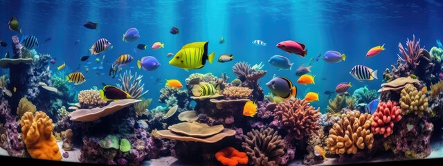 Tropical sea underwater fishes on coral reef. snorkel, diving. Aquarium oceanarium colorful marine panorama landscape nature. background wallpaper
 - obrazy, fototapety, plakaty