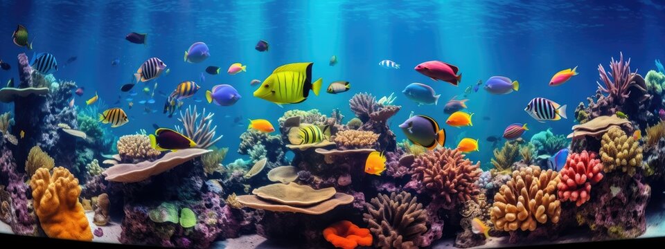 Tropical sea underwater fishes on coral reef. snorkel, diving. Aquarium oceanarium colorful marine panorama landscape nature. background wallpaper
