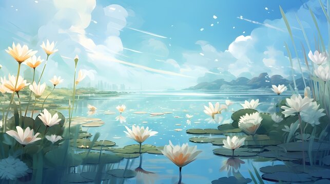 Illustrated image of lotus pond and blue sky