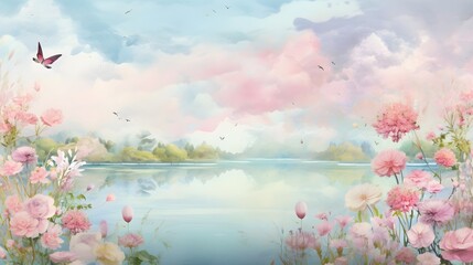 The dreamy illustrated landscape with mountian and sky 