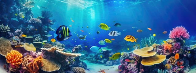 Obraz na płótnie Canvas Tropical sea underwater fishes on coral reef. snorkel, diving. Aquarium oceanarium colorful marine panorama landscape nature. background wallpaper 