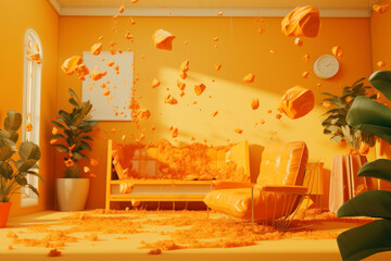Obraz premium Orange living room with orange sofa and armchair. 3d rendering