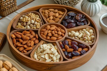 a wooden tray with nuts and raisins and dates, Ramadan Iftar meal