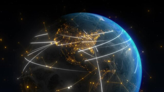 Concept animation visualization of the Earth northern hemisphere. Global connectivity, information and data transfer, communication, trade and travel routes. Satellites orbiting around in outer space.