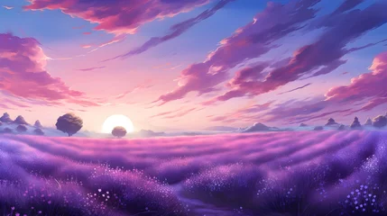 Küchenrückwand glas motiv Sunrise over lavender field, landscape wallpaper illustrations © Alice