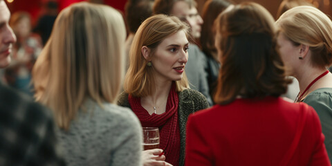 Fototapeta premium meeting within a company, networking at a reception, group of employees, businesswomen chatting at a networking event, sharing and chatting with a smile