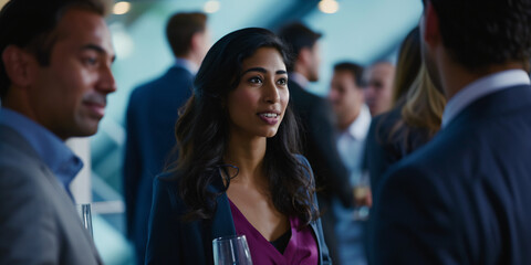 meeting within a company, networking at a reception, group of employees, businesswomen chatting at a networking event, sharing and chatting with a smile